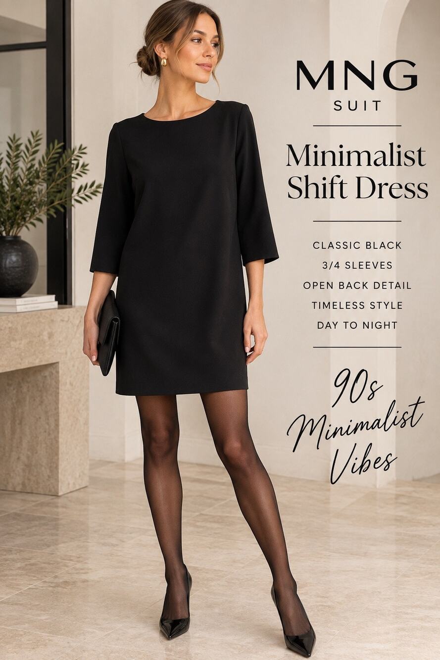 90s Minimalist Black Open Back Shift Dress Cocktail Modern Classic LBD MNG S